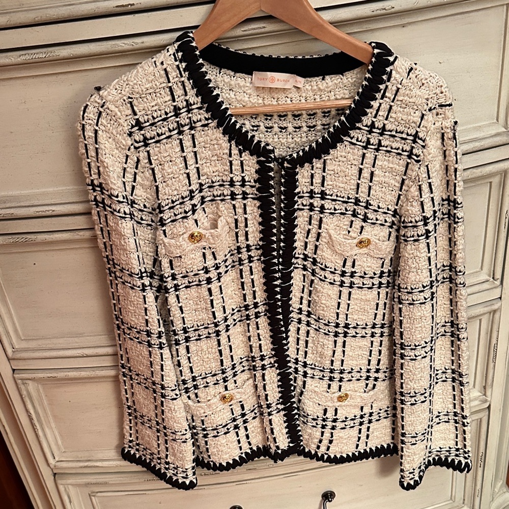 Tory Burch Kendra tweed linen-blend jacket in cream and black